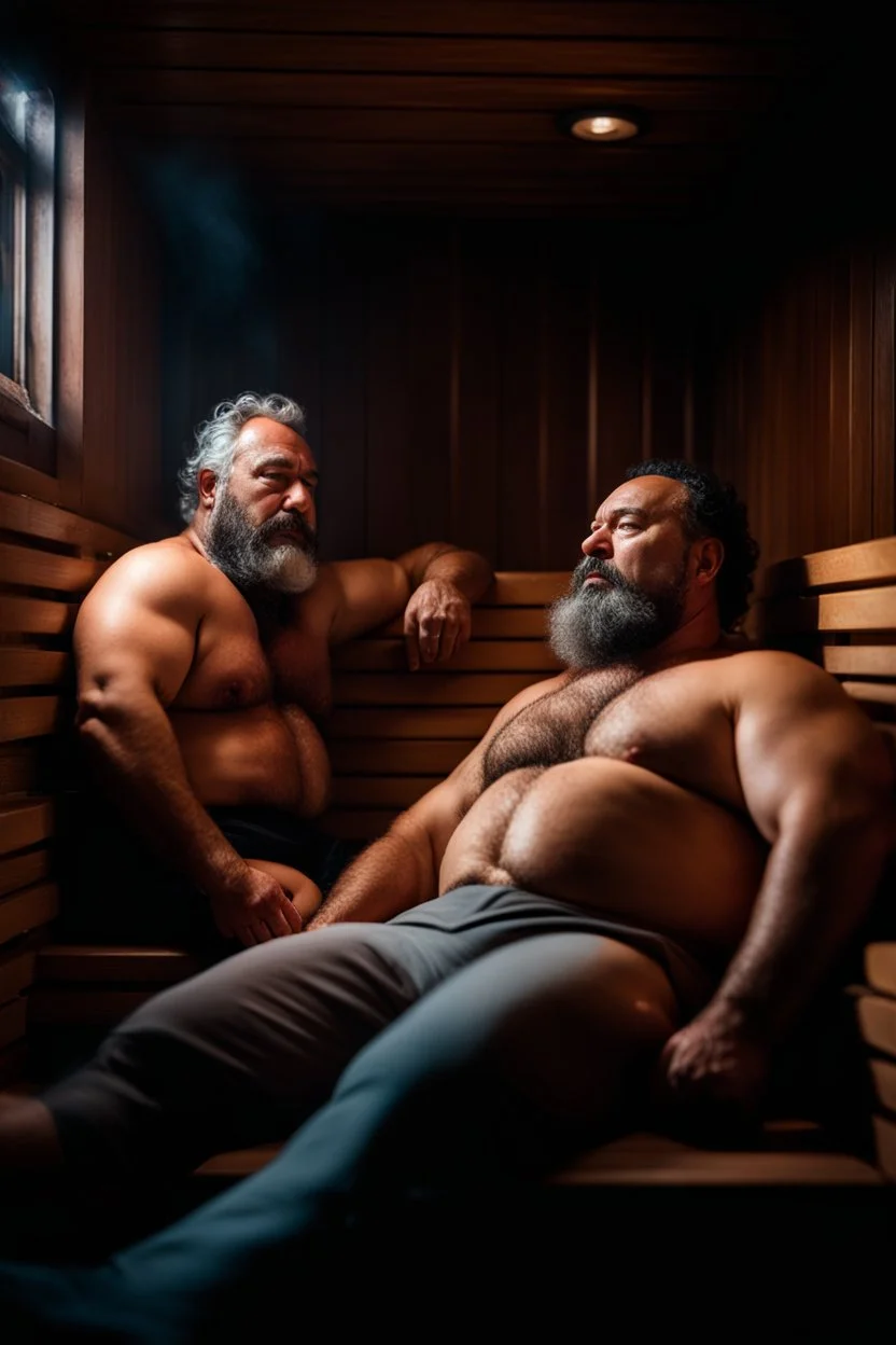 full body shot photography, two muscular chubby ugly burly marocan men , sweat, bulge, masculine hairy 45 year old man, curly hair, manly chest, curly beard ,big shoulders, big arms, big legs, bulge,, ambient occlusion , lying down sleeping in a steamy Sauna, super high resolution, 8k, dim light, side light, ultra hyper realistic, frontal view