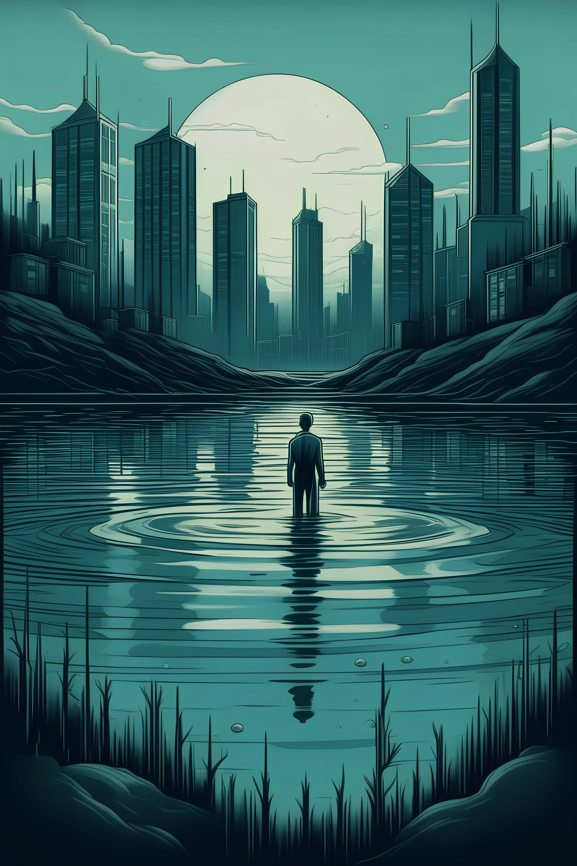 Art poster for a book about a fictional city with a lake. The character is in the lake. Dystopian fiction.