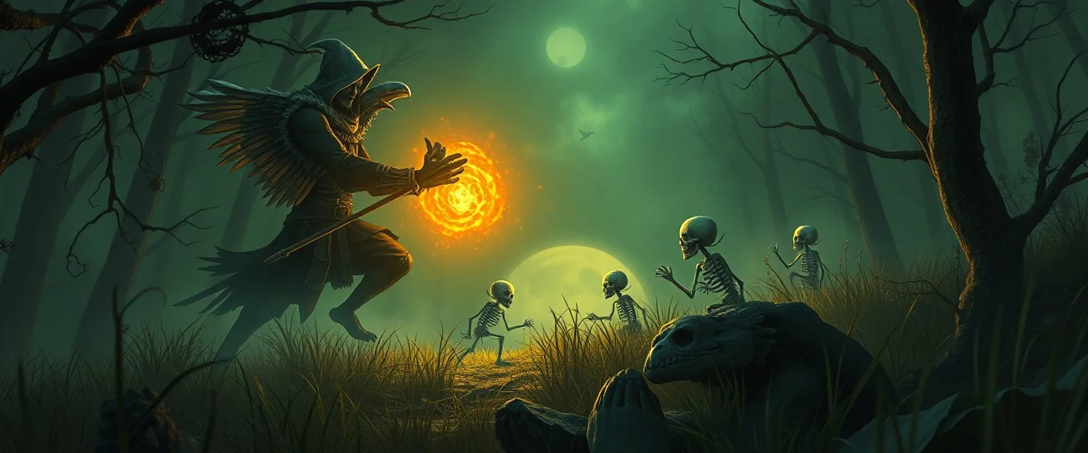 ninja necromancer in the wild, raising glowing raven skeleton giant babies