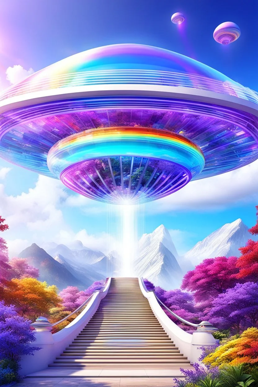 Ufos rainbow, futuriste ultra moderne,stairway to heaven,crystal very beautiful city,nature forest flowers colors