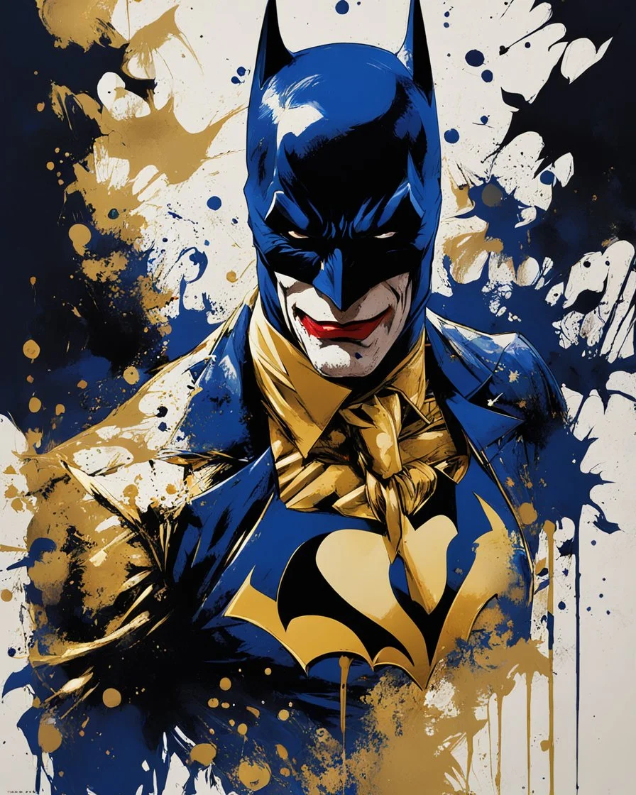 poster in two gradually, a one side Batman darkblue and other side Joker gold tones, painting by Yoji Shinkawa,