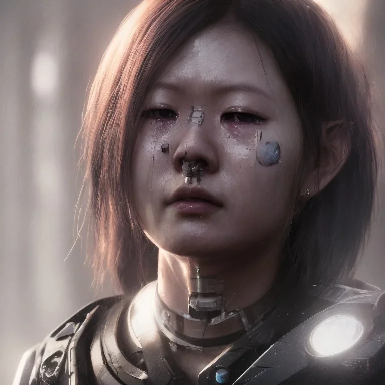 portrait closeup face crying half hitomi tanaka half cyborg middlecyborgs post-apocalypse in a cyberpunk city, sci-fi fantasy style, volumetric lighting, particales,highly detailed,cinamatic, deep colours,