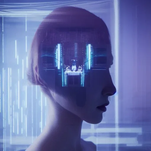 double exposure of a futuristic cyberpunk woman in an alien city by alessio albi --v 4