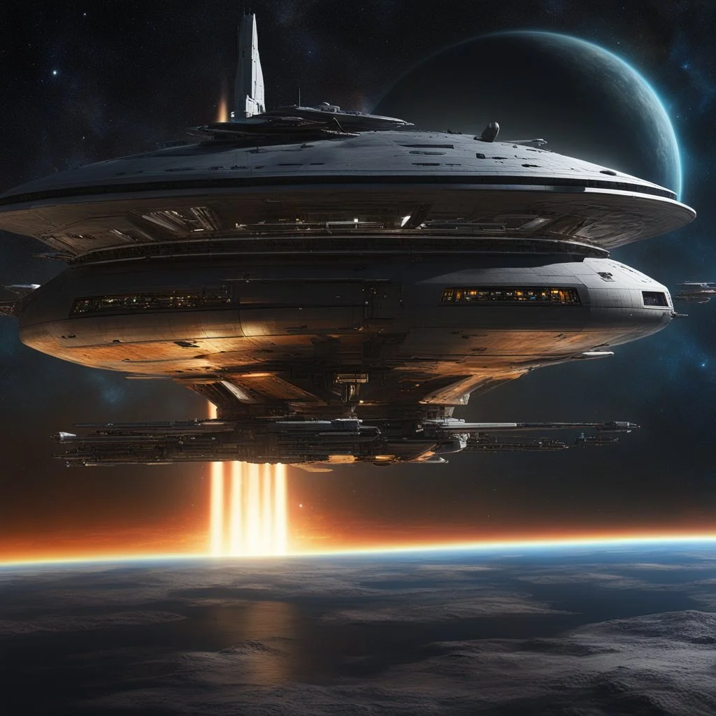 full length picture featuring an advanced and imposing futuristic spaceship warship aircraft carrier , set against a dramatic cosmic planets backdrop with vibrant nebulas and starfields. Enhance the visual impact by including dynamic lighting effects, such as glowing engines or weapon systems, and add smaller spacecrafts engaged in a high-speed chase or battle to convey a sense of action.