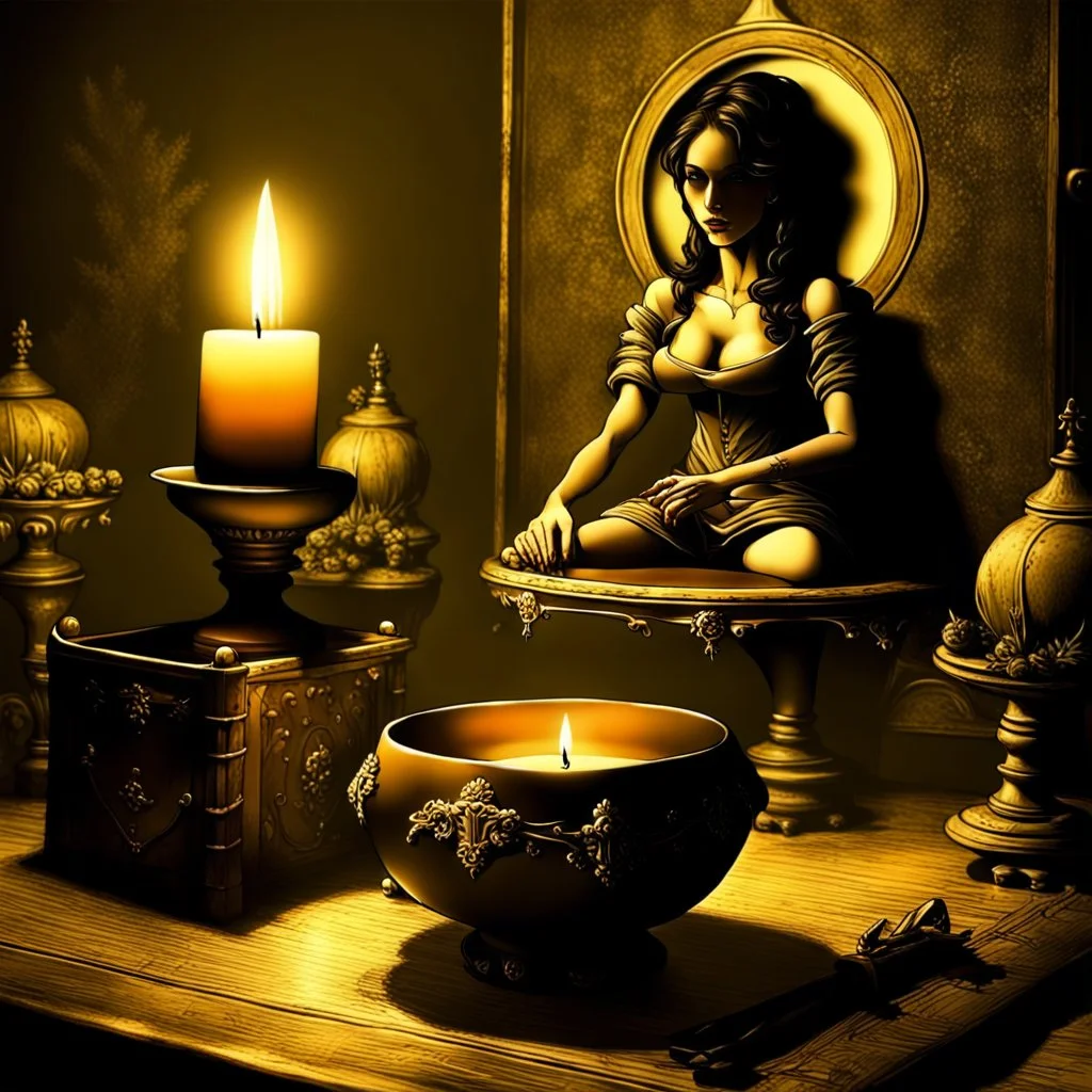 refine and improve this image, do this in a ghostly haunted gothic aesthetic and change the color tone to sepia. change the decorations to something more fitting and suitable, more and smaller candles.