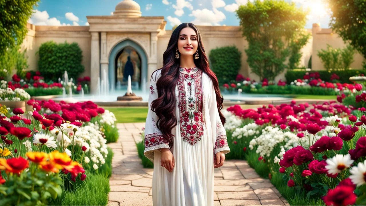 Hyper Realistic Photographic Long View Of A Beautiful Pashto Woman (With Beautiful Eyes Lips & Nose, & Long Black Hair; Wearing White Frock With Maroon Embroidery) Happily Standing & Smiling In A Beautiful Flower Garden With Fancy Stone Water Fountain & A Peacock Walking On The Grass Around Her At Beautiful Cloudy Sunny Day Showing Dramatic & Cinematic Ambiance.