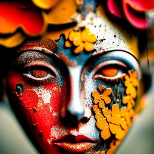 an abstract painting of rusted metal and flowers, Geisha portrait, rust, scaffolding, iron cladding, decay, mixed media, textured, anatomically correct, beautiful perfect face, sharp focus, highly detailed by Alberto Durero 8k