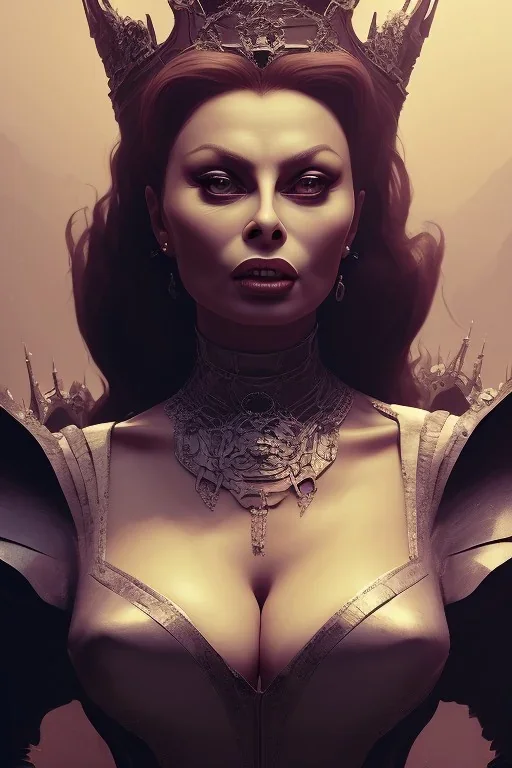 Sophia Loren as evil queen in black leather, cleavage, dominatrix, angry, stern look. character design by cory loftis, fenghua zhong, ryohei hase, ismail inceoglu and ruan jia. unreal engine 5, artistic lighting, highly detailed, photorealistic, fantasy