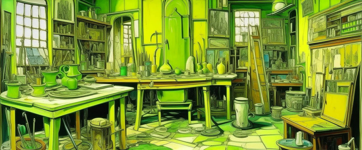A lime green cybernetic workshop designed in ancient Greek pottery painted by Maurice Utrillo