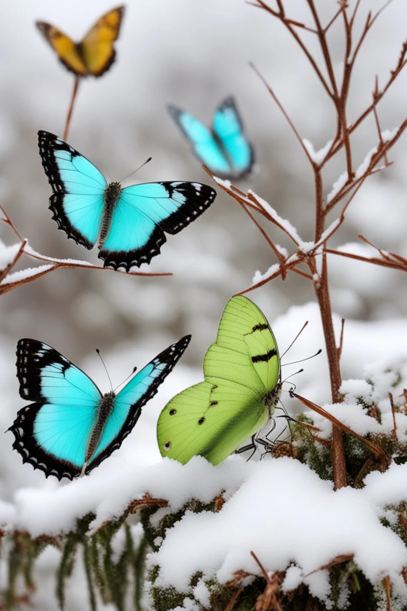 Light green and light blue butterflies in the snowy winter