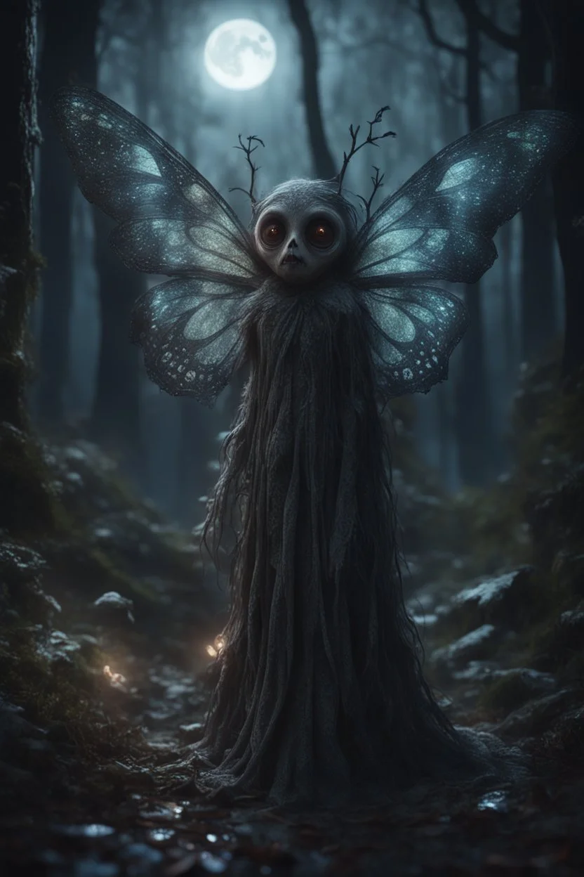 In a mesmerizing combination of brilliant and fading shades, photorealistic. A BEAUTIFUL FLUTTERGLOW In the moonlight of the Forgotten Forest with (dimly glowing eyes and accents:1.3), in rags, necrotic, oozing, wet, dim lighting, intricate accents, 8k, full body shot, shot with 50mm lens, detailed horror art, extreme eyes, hyperdetailed, hyperrealistic,