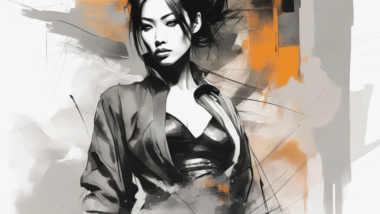 aesthetic, painterly style, modern ink, Kai'Sa ,Asian sensual, sultry, dark blouse, expressive pose, urbanpunk, abstract texture multilayer background, neo-expressionist , Russ Mills, Ian Miller