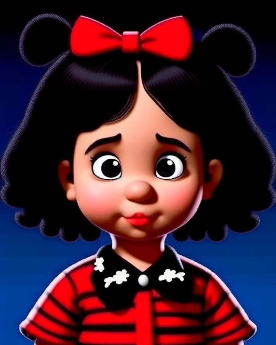 3D. Hyperrealistic photograph of Mafalda in real life, with a bowtie or butterfly type bow on her head. Straight hair. (((Whole body)))