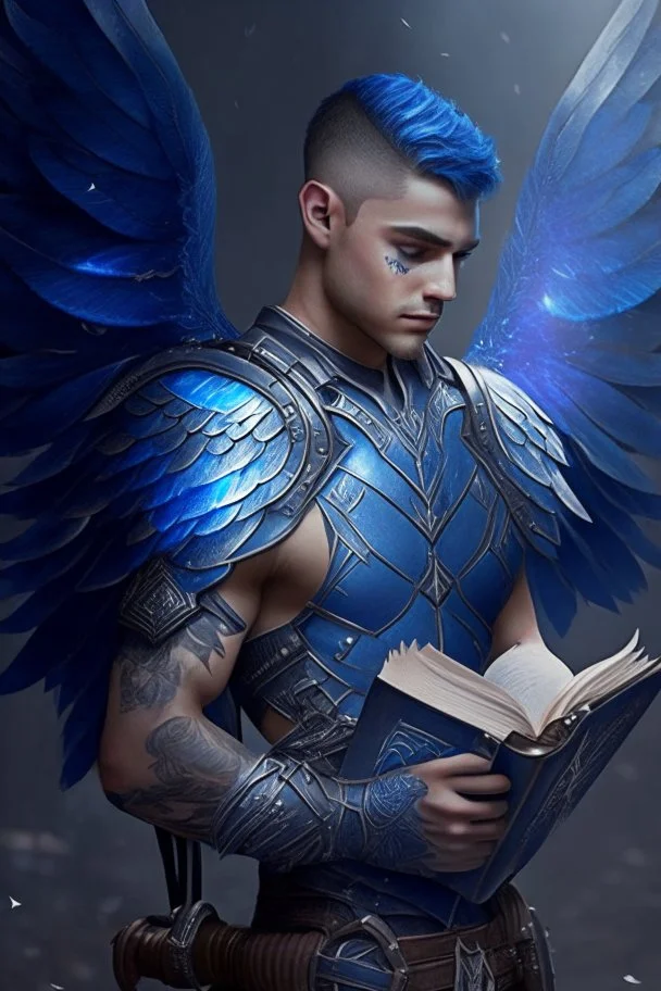 a person in runic armor with blue wings, blue short hair, runic tattoo and spell book, male