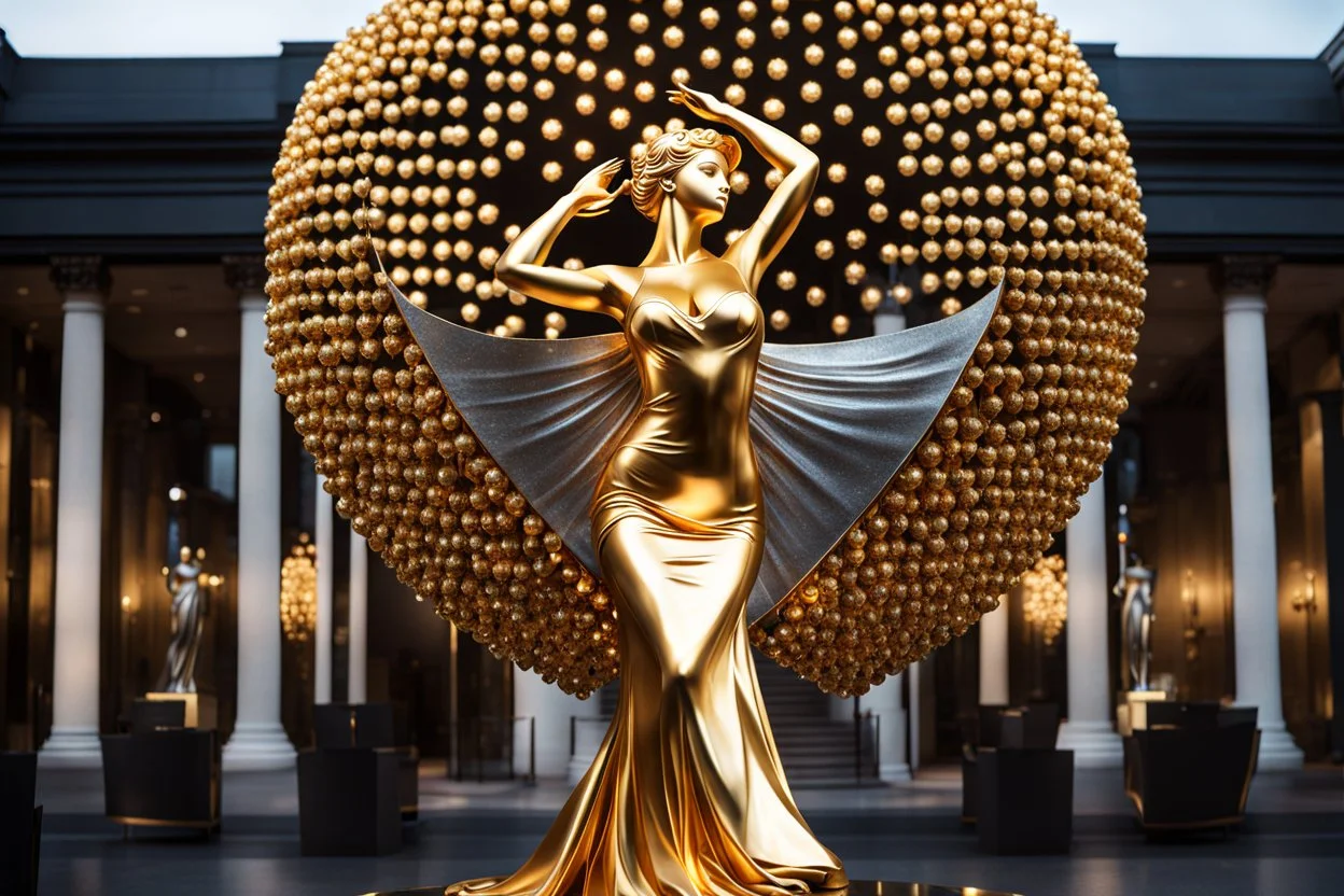 A magnificent golden and silver heart-shaped sign adorned with a stunning golden sphere encrusted with sparkling diamond clusters at its center, elegantly spinning in position,a golden statue of a girl in standing pose