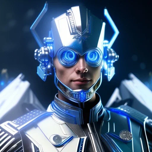 Handsome galactic knight, glitter blue and white cyborg suit with jewels, blond hair, blue eyes, cinematic lights, full details, hight quality, unreal engine 5, 4k, cosmic stars background