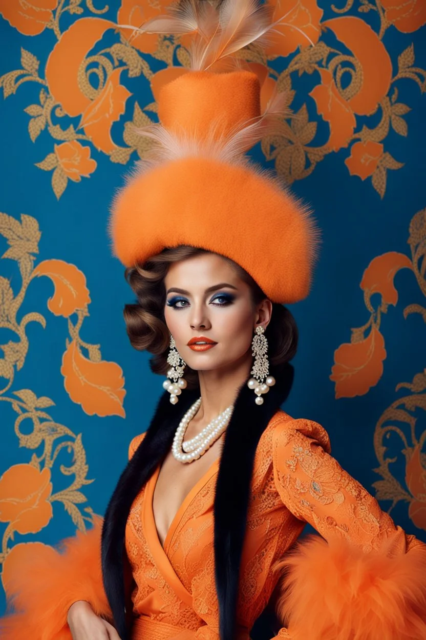 full body beautiful girl, elegant orange,lace clothes of the 80s, luxury style, small elegant hat with feather, hair of the 80s, pearl necklace, earrings masterful, beautiful face,blue backdrop