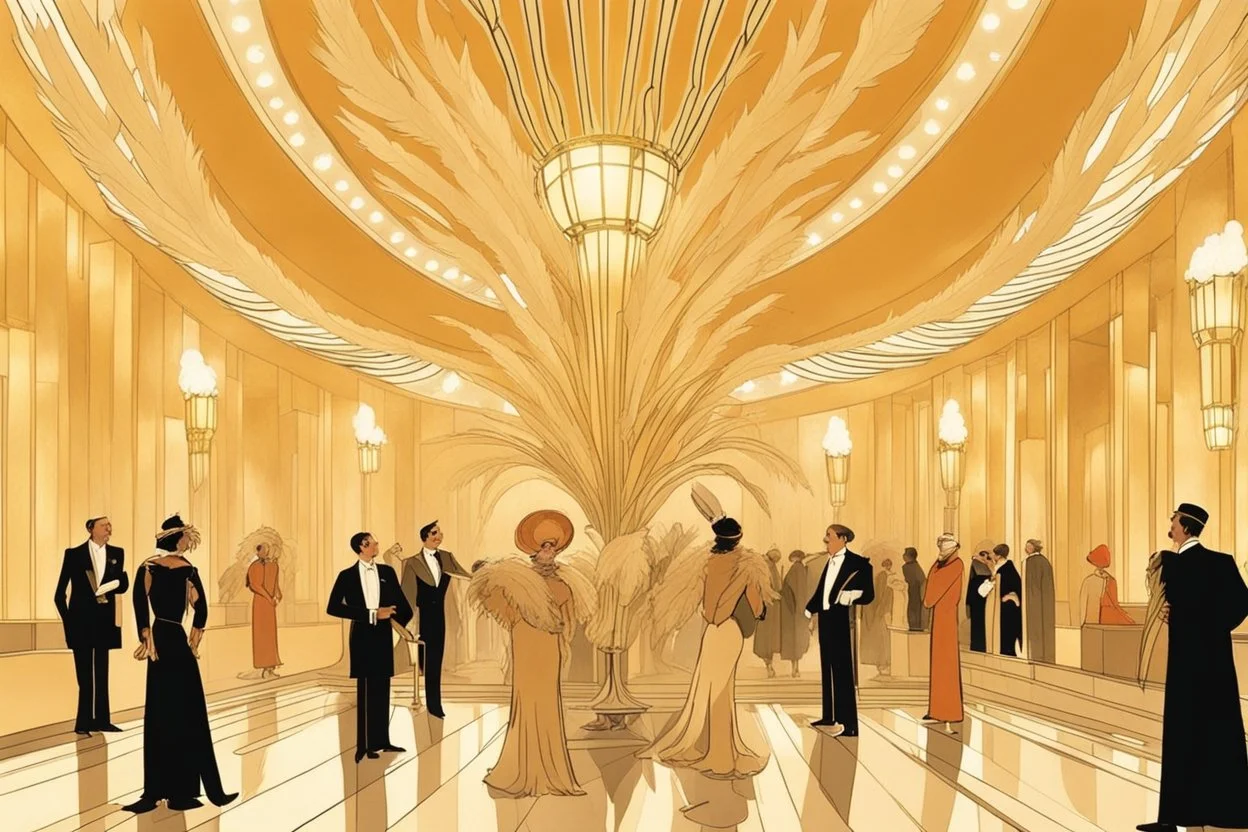 Inside an Art Deco Opera foyer, with mirrors and brass sconces, incandescent, gleaming, people in glittering extravagant costumes with feathers