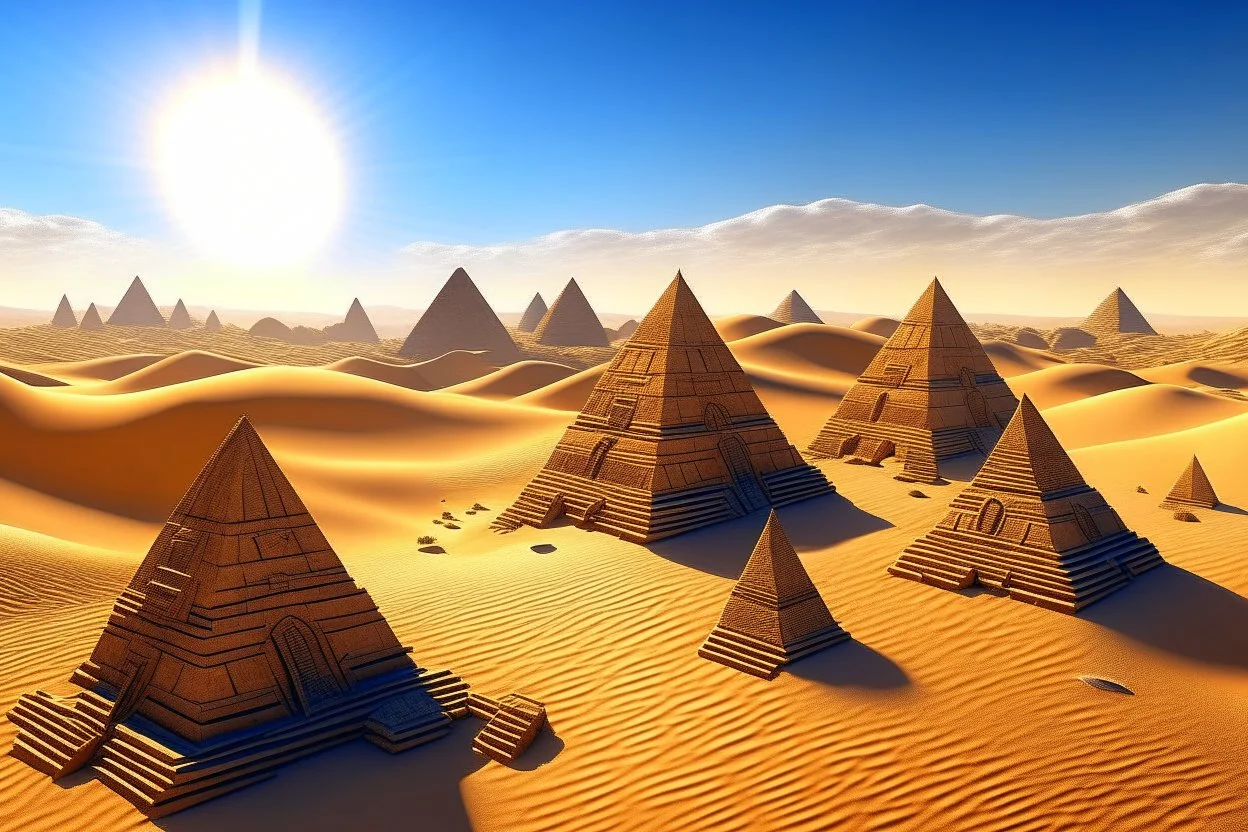 A desert in sunlight with pyramids and temples with clocks on them designed in Kuna Molas