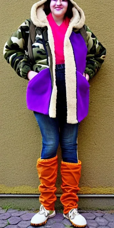 Brunette.thick thighs,thick calves,flat belly,curvy fell. big head. Mantle is sewed of upcycled Denim and sewed together of camouflage pieces. Pieces' color are orange, cream and purple. It is with big bright purple felt tippet and cream-colored-hood. mantle is merged with satchel. . Big AKG-style headphones (gold rings!) is merged with small felt cap with small visor. Style: Haute Couture in 1920's, N.Y.C fashion in 1996, inspired by street art. Cream latex gaiter. Her head and rest body visibl