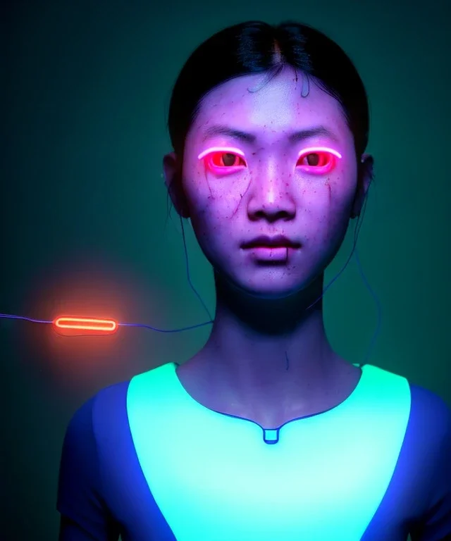 Ultra realistic photographic night portrait, cinematic, <Asian woman> many wires coming out of the head <perfect pupil><glow eye> <cyborg arm> <garage> <wide angle><x-rays> <retro futuristic> <thriller>, neon lights, color fog, soft color, highly detailed, unreal engine 5, ray tracing, RTX, lumen lighting, ultra detail, volumetric lighting, high definition.