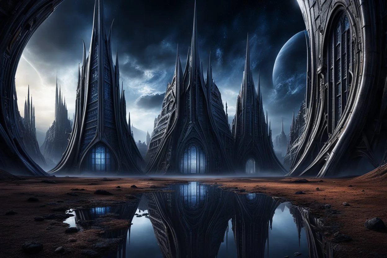 photo from alien dark matter buildings, with weird elongated gothic style, alien constructions, standing long weird creatures alirn landscape, silver, black, brown and dark blue surreal vision, stunning visuals, ultrarealistic dark dreamy world, surreal lighting, reflections, hyper-realistic, detailed, photorealistic, sci-fi mood