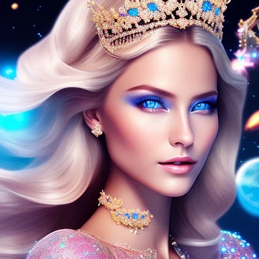 Full body Princess, sexy woman blondie, make up, beautiful smiling face,blue eyes, beautiful place,amazing, flowers, colors, blue and pink butterfly, realistic, photo real, stars night, detailed, high contrast, 8k high definition, unreal engine 5, extremely sharp detail, light effect, light background