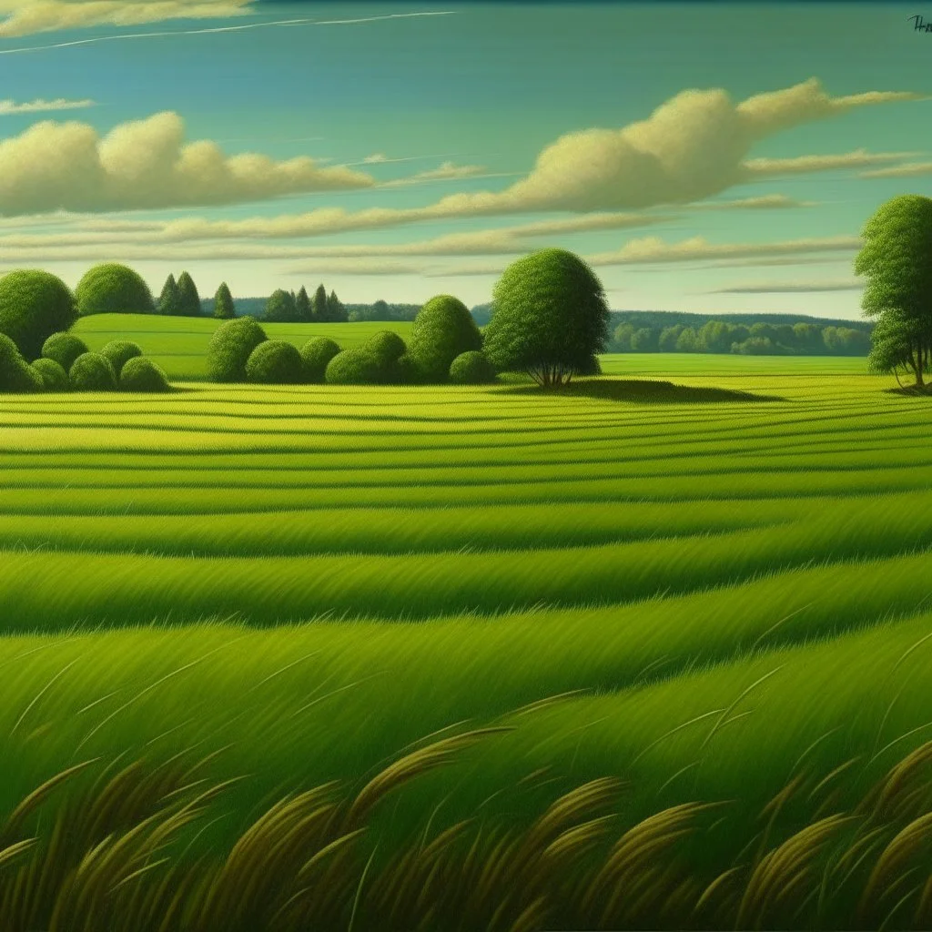 A green grassy plain filled with haystacks painted by Frank Wilson