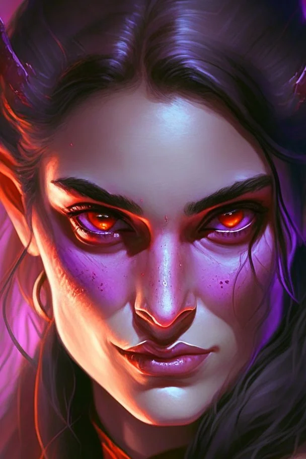 purple skin, glowing fiery eyes, smirk, soft female face, beautiful, graceful