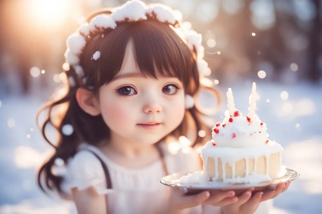 cute brunette chibi girl eating white snowcake in sunshine ethereal, cinematic postprocessing, bokeh, dof