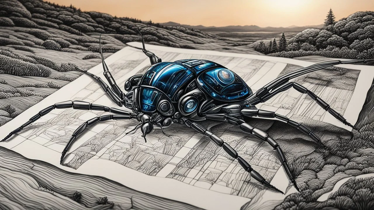 2159. Robot insect drawing a picture, holding six gel-pens in its six hands, drawing a beautiful landscape using four pens, one pen in each hand. The picture is almost finished. Artistic, beautiful lighting, attractive composition, photorealistic, extremely detailed, chiaroscuro, rule of thirds