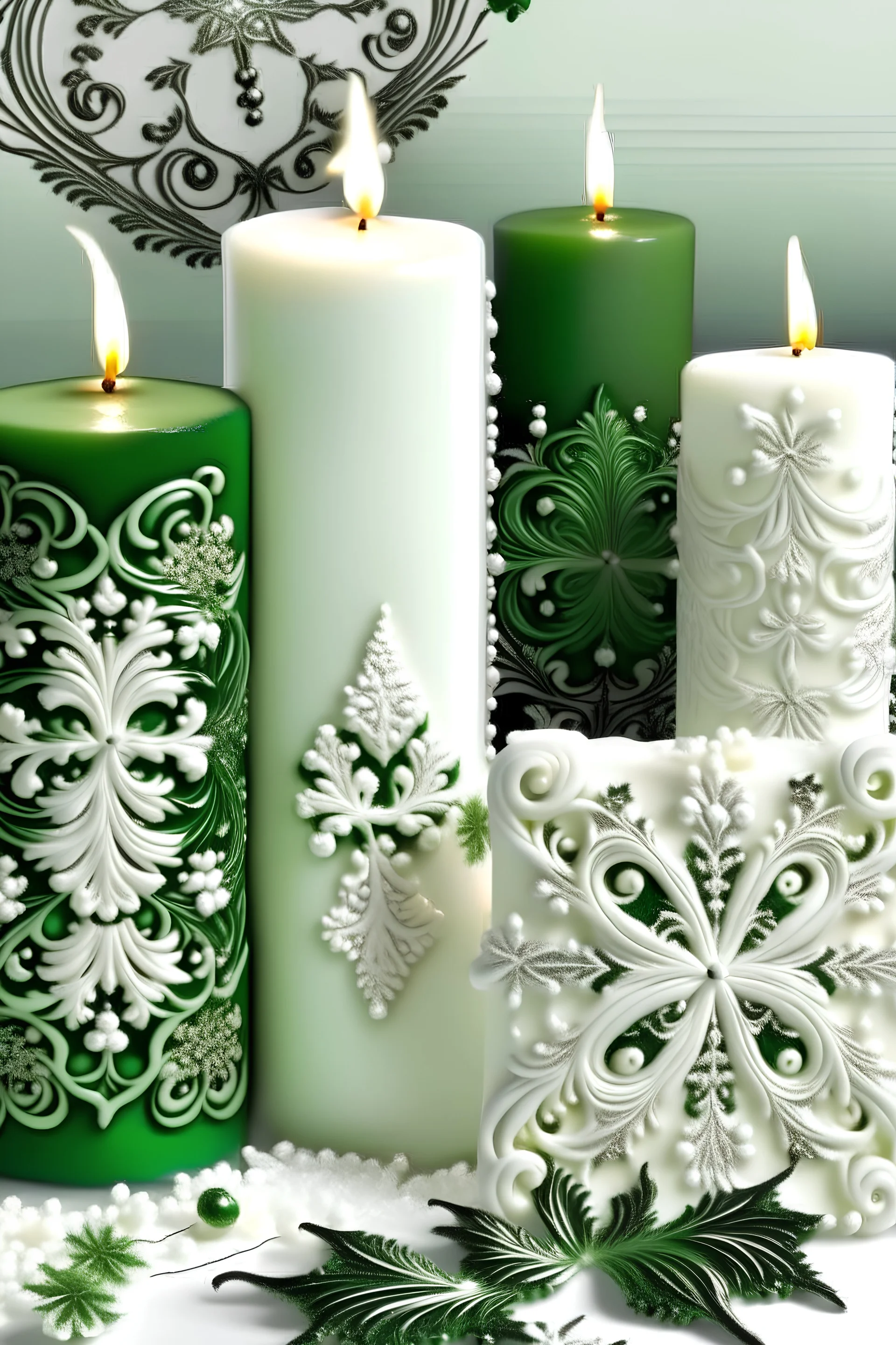 Beautiful white snow flakes l shape christmas art nouveau. Whiteand green candles in the snow , with snow covered christmas tree background adorned with sle ár nouveau embossed foral filigree embossed wie and green white glittering foral ornament, át nouveau style ribbed with dark deep green jade , silver chrystals platina patinated an white pearls ribbed, snow flakes around mineral stones snow covered and white pearls, white decadent art nouveau angelic style organic bio spinal ribbed detail of