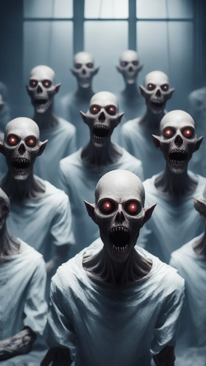 A demonic figure with a triangular body with long arms and creepy small eyes that is floating in a dark room