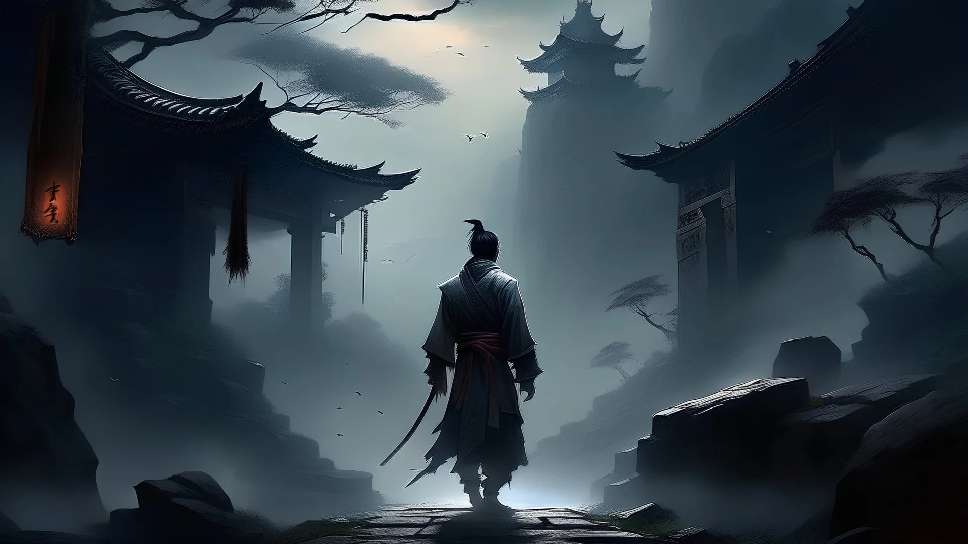 Create a poignant depiction of a lone hero departing in the realm of Jianghu, capturing the essence of solitude and melancholy in their silhouette. Emphasize the emotional weight of the moment, ensuring the backdrop and details convey a sense of the hero's departure from the martial world. Please infuse the scene with a touch of artistic drama, highlighting the hero's journey and the somber beauty of their departure.