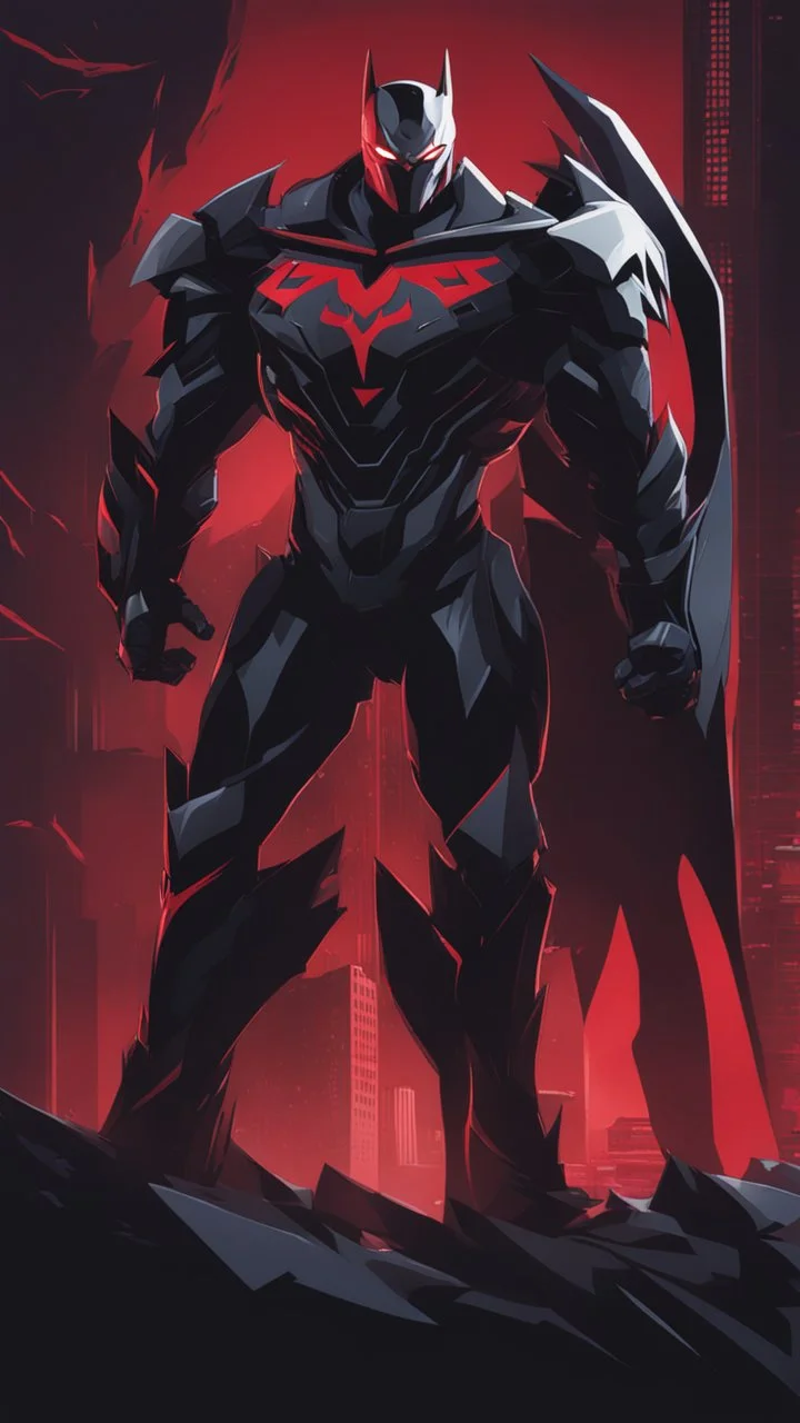 A close picture to Mix between transformers and batman and symbiote venom in solo leveling shadow art style with red details detailsis in fantasy world
