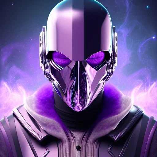 portrait of purple masked villain in galaxy, futuristic, teal and purple smoke, full portrait, hyper realistic, 4k, detailed