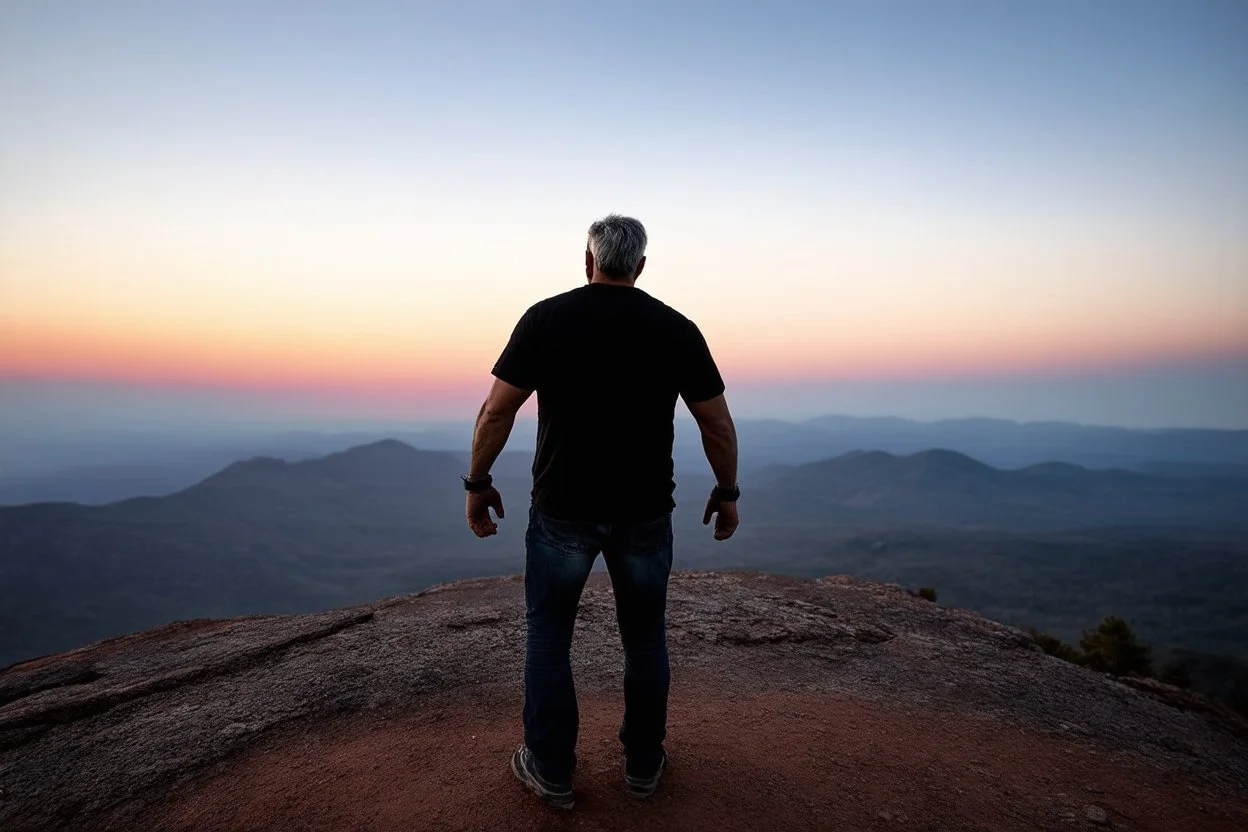 a brawny man with grey hair views sunset from a cliff