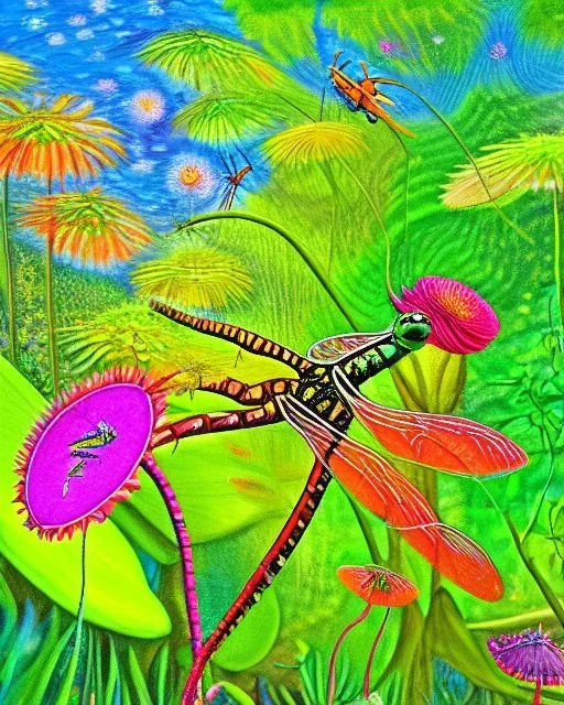 mystical venus fly trap, flowers, jungle, vibrant colours, impressionism, soft lighting. trees in background, dragonfly,