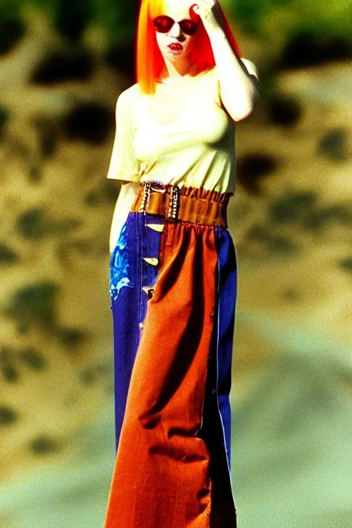 year 1996 denim fashion. Loose skirt, low waist. Combat pants and t-shirt. Colors: denim blue, blue, purple, cream, khaki, light green, lilac, plum, orange, terracotta, red, light yellow, pink, dark blue, beige. Latex in small part. Cheetah pattern. Gwen Stephani, Shirley Manson.Cargo pants