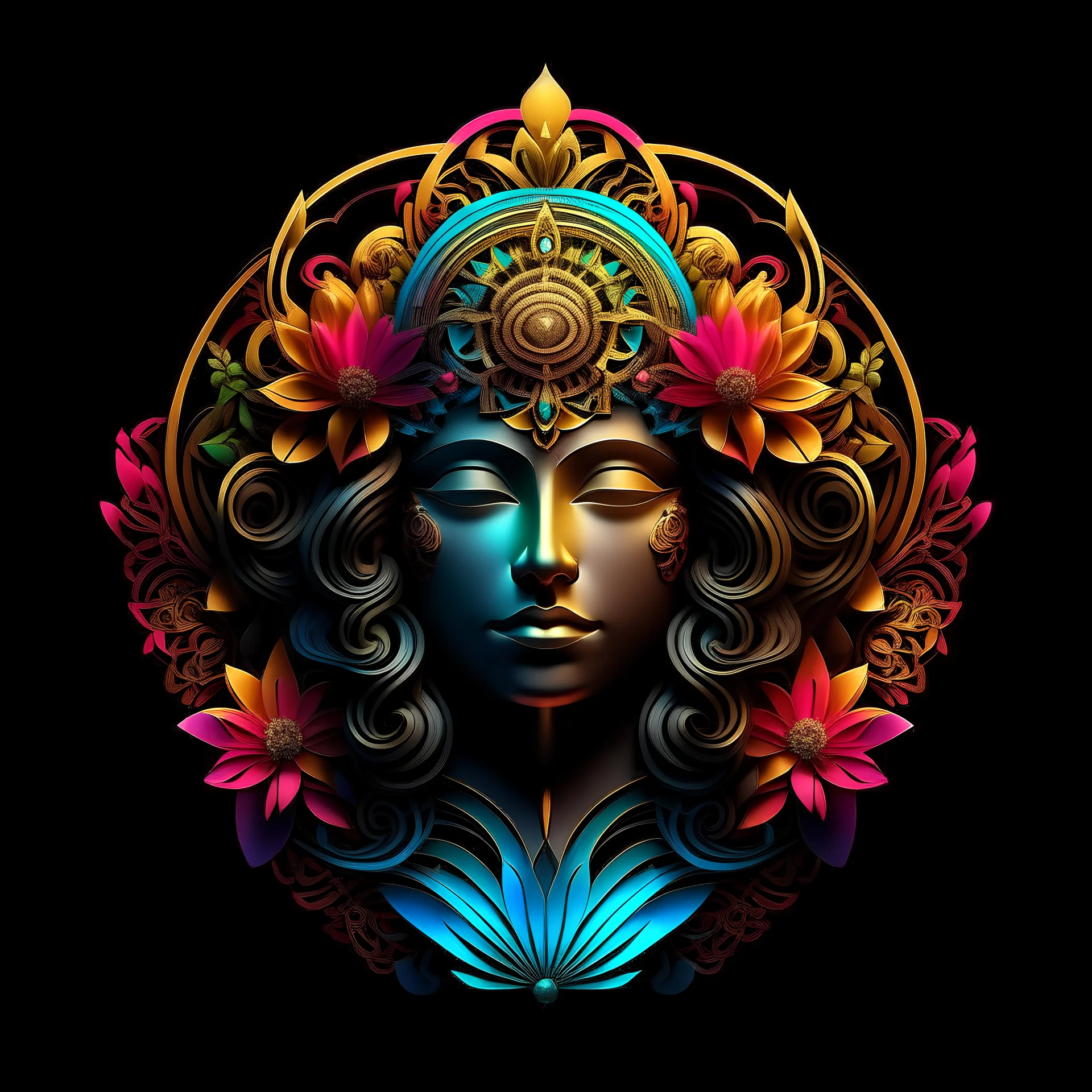 logo design, complex, trippy, bunchy, 3d lighting, 3d, persian female, realistic head, colorful, floral, flowers, cut out, ancient, symmetrical, center, abstract, circular shape, black background, texture, high detail