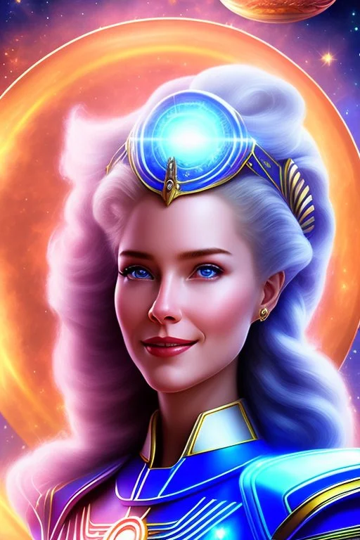 young cosmic woman admiral from the future, one fine whole face, large cosmic forehead, crystalline skin, expressive blue eyes, blue hair, smiling lips, very nice smile, costume pleiadian,rainbow ufo Beautiful tall woman pleiadian Galactic commander, ship, perfect datailed golden galactic suit, high rank, long blond hair, hand whit five perfect detailed finger, amazing big blue eyes, smilling mouth, high drfinition lips, cosmic happiness, bright colors, blue, pink, gold, jewels, realistic, real