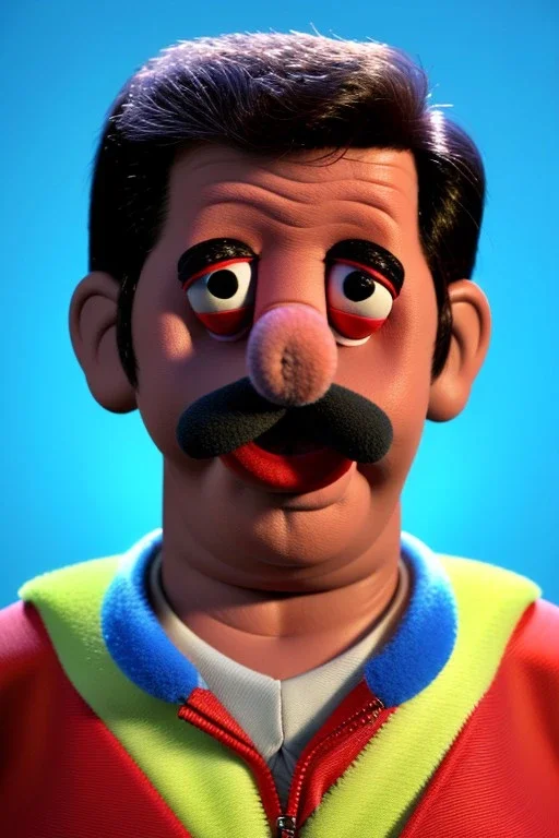 Waist up muppet Portrait, Nicolas maduro us muppet doll, Venezuelan president, tracksuit red blue and yellow, mustache, photo studio, red background, unreal engine 5, concept art, art station, ray tracing, lumen lighting, ultra detail, volumetric lighting, 3d.