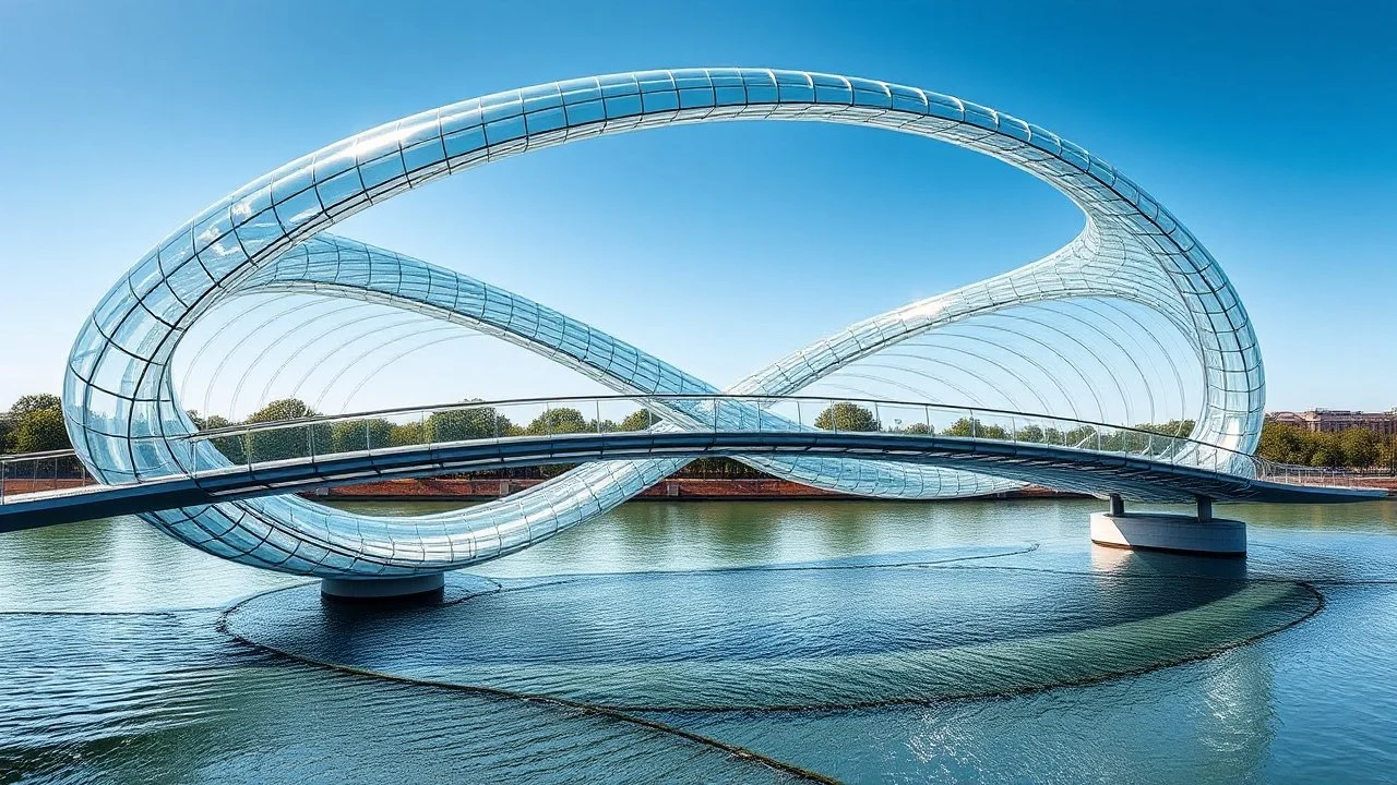 A breathtaking pedestrian bridge with a double helix design, curving elegantly over a calm river. The entire structure is made of transparent glass, giving the illusion that the bridge is floating above the water. The twisted helical shape reflects the sunlight, casting intricate shadows on the river’s surface. Award-winning photograph.