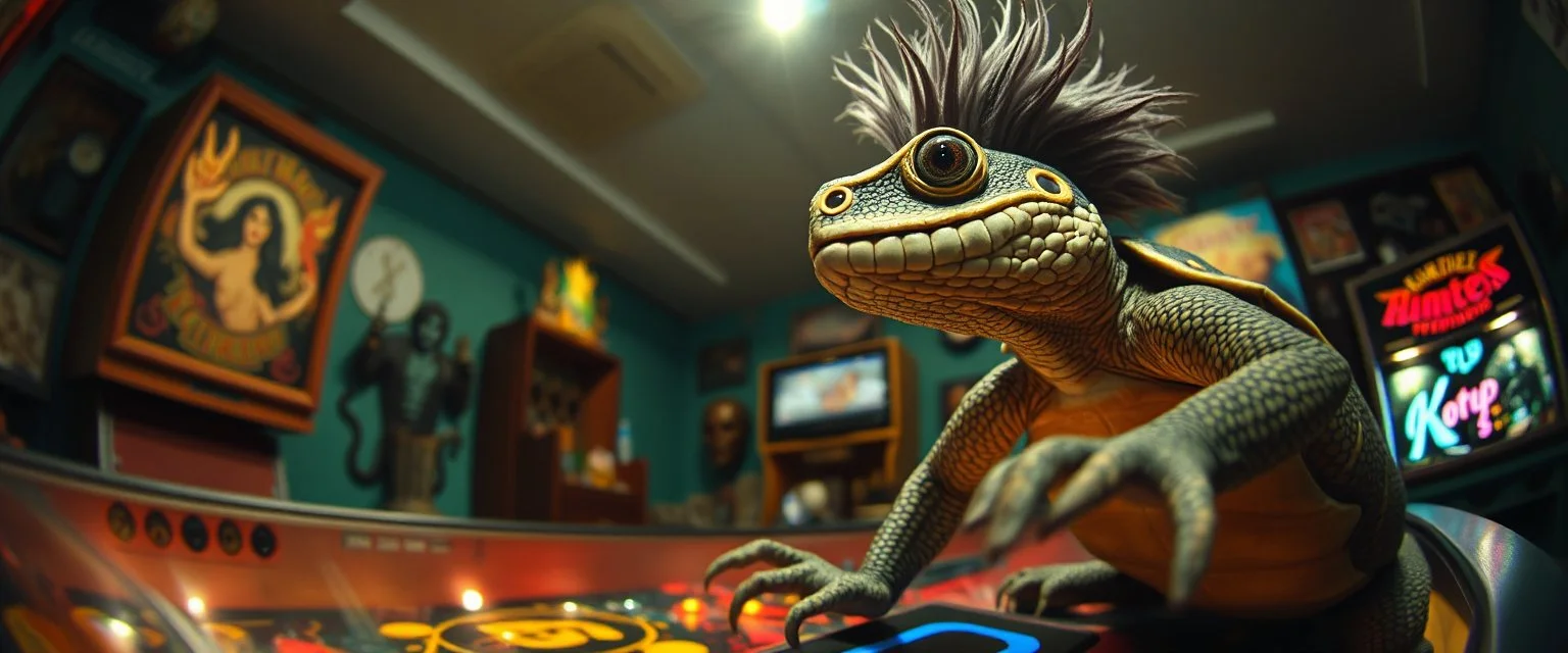 pinhole cam, master oil painting by Rembrandt, good afternoon bitch scary geek gecko dragon turtle with rocker hair, playing pinball