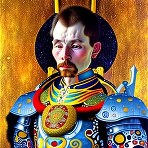 dibujo al oleo de cuerpo entero de guerrero con armadura a caballo estilo Gustav Klimt 4k