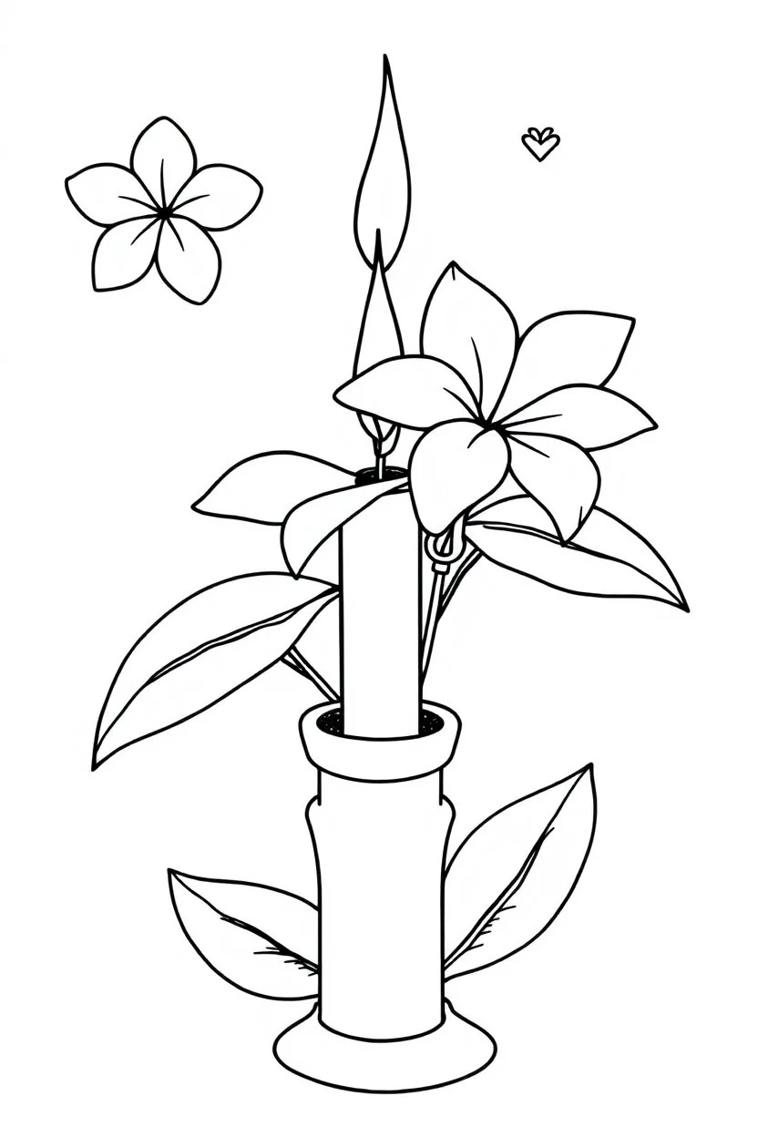 outline art for square Heart Candle Plumeria coloring page for kids, classic manga style, anime style, realistic modern cartoon style, white background, sketch style, only use outlin