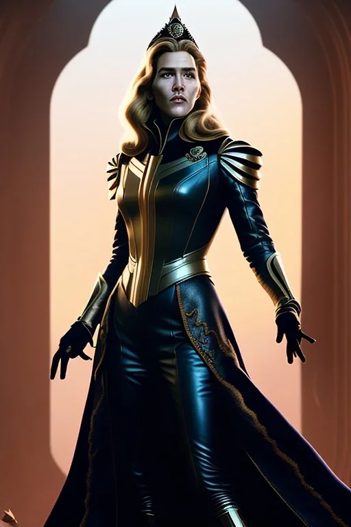 Kate Winslet as evil queen in black leather by Greg Rutkowski, Sung Choi, Mitchell Mohrhauser, Maciej Kuciara, Johnson Ting, Maxim Verehin, Peter Konig, 8k photorealistic, cinematic lighting, HD, high details, dramatic, atmosphereric, trending on artstation