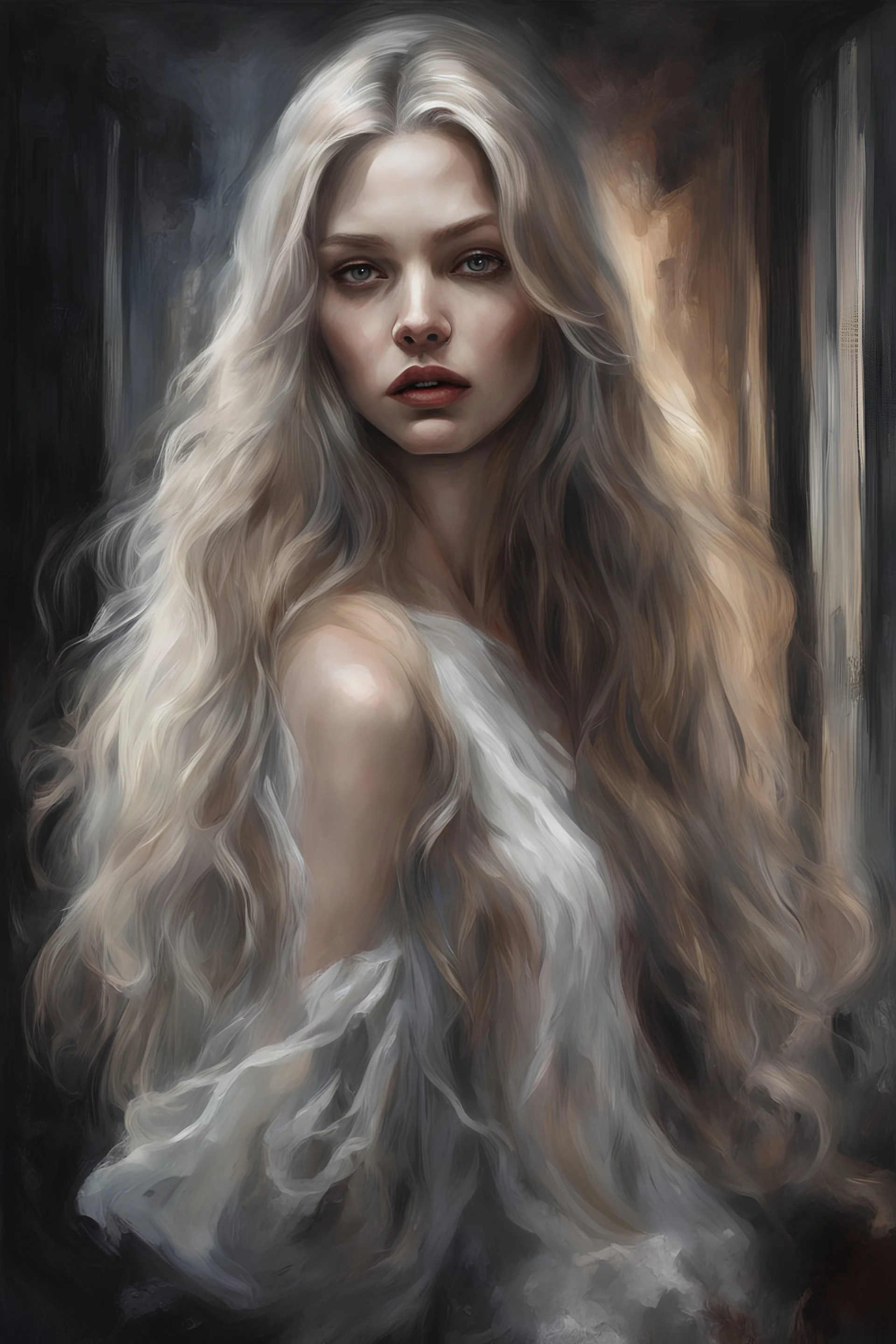 demons Alone I sit in a dark room! Vampire style Eye candy Alexandra "Sasha" Aleksejevna Luss oil Symbolism style , subject is a beautiful long hair female in she cramped apartment, he sank deep into the world of dream Heart heavy, mind full of worries.