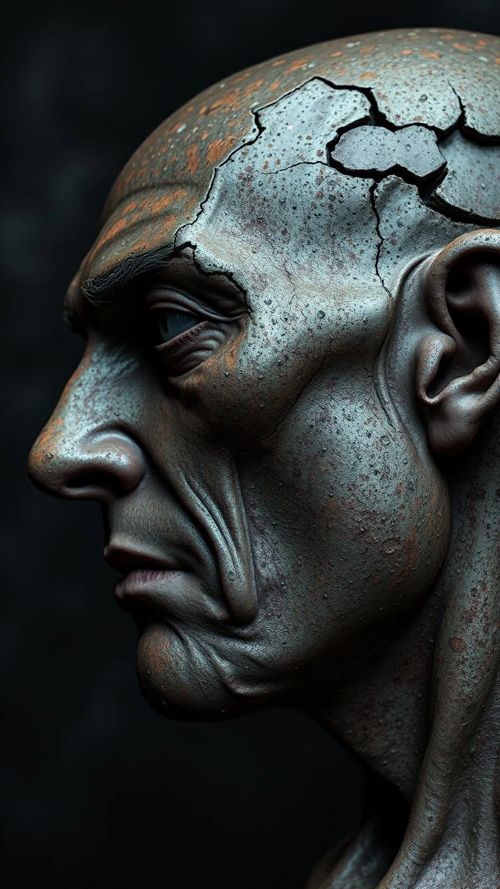 Busch painting style nightmare, a zoomed side view of a man his head is a rusted broken metallic skin texture in a 3d rendering full-height image of a grim and dark scene. Ensure the final images exhibit the utmost quality, encompassing 4K, 8K, and 64K resolutions, with 3D rendering that manifests in photorealistic, hyperrealistic, and highly detailed representations. Employ techniques such as HDR, UHD,