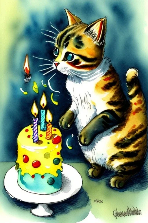 A cute cat is having a birthday cake. Watercolour